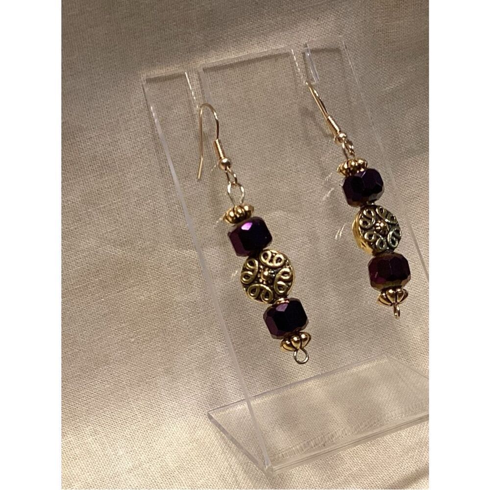 NWOT. Goldtone Ear Wire Earrings with Iridescent Purple Beads